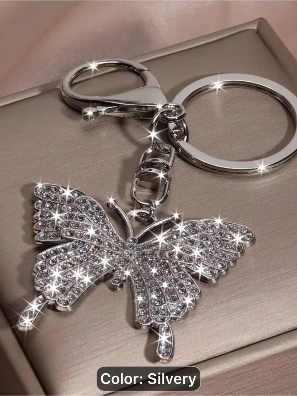 Silvery Crystal Butterfly Keychain Key &  Holder Charm